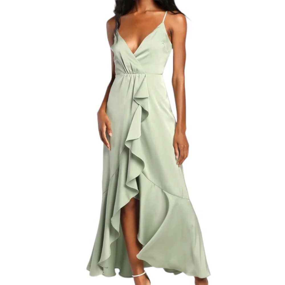 Lulus Green Deep V Ruffle Maxi Dress